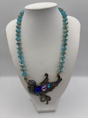 Turquoise Beaded Bird Pendant Necklace - Blue & Purple JP456